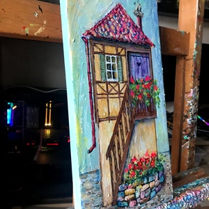 村の芸術 フランスの美しい家のオリジナルアクリル画 ヨーロッパの芸術 フランスの町の建築 植物と明るい花 ファインアート 画像 3