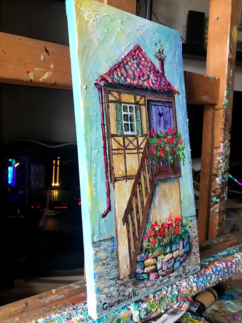 村の芸術 フランスの美しい家のオリジナルアクリル画 ヨーロッパの芸術 フランスの町の建築 植物と明るい花 ファインアート 画像 3