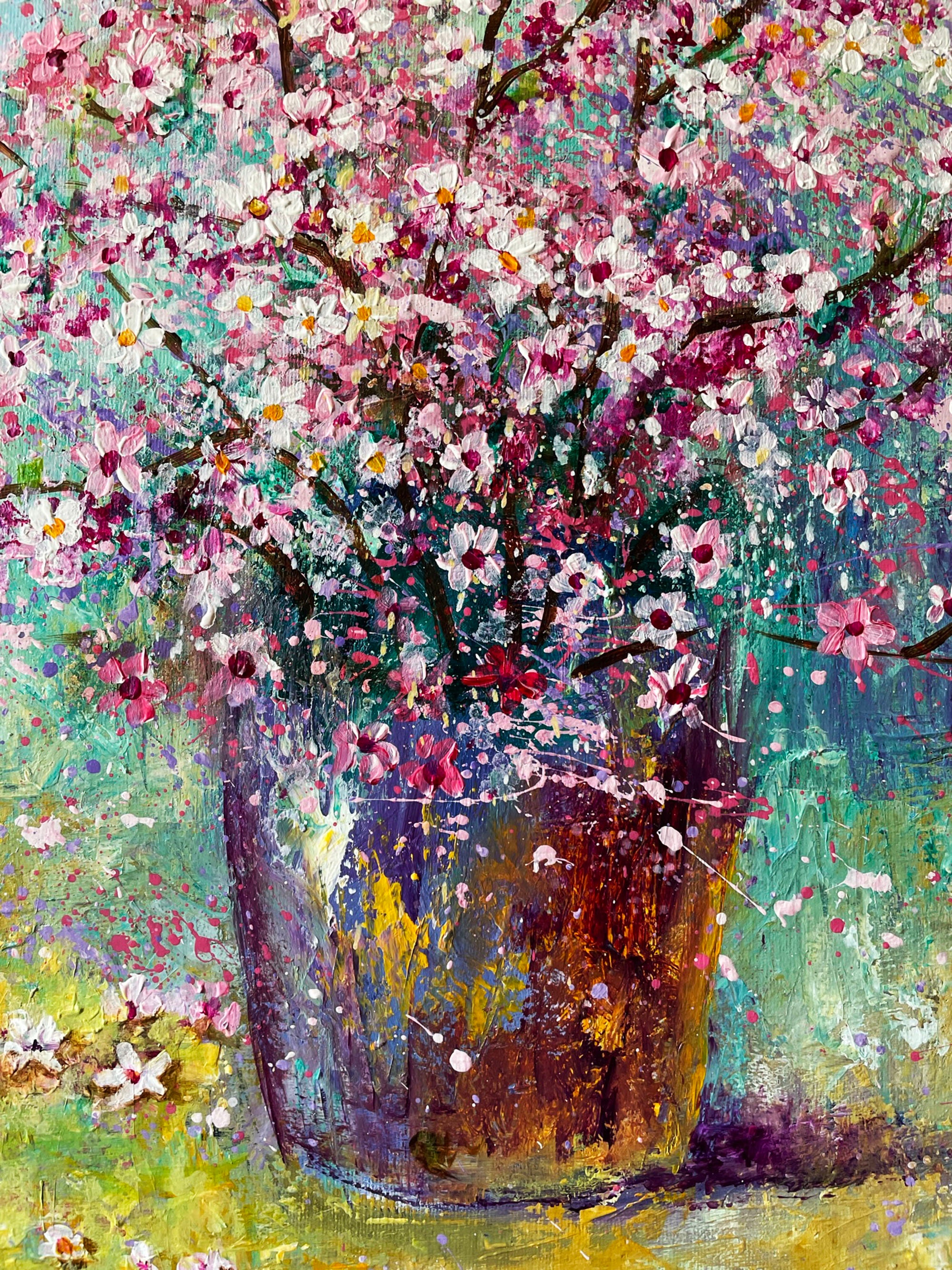 オリジナルの桜の絵画、厚塗りアクリル絵具で描かれた花瓶に入った桜の