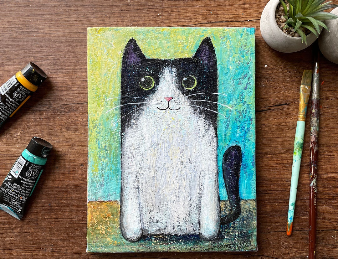 Tuxedo Cat Painting Original Acrylic Art Funny Cats Black and White Cat ...