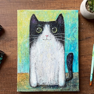 Tuxedo Cat Painting Original Acrylic Art Funny Cats Black and White Cat Pet Portraits Black Cat Furniture Cat Lover Gift Cat Themed Gifts