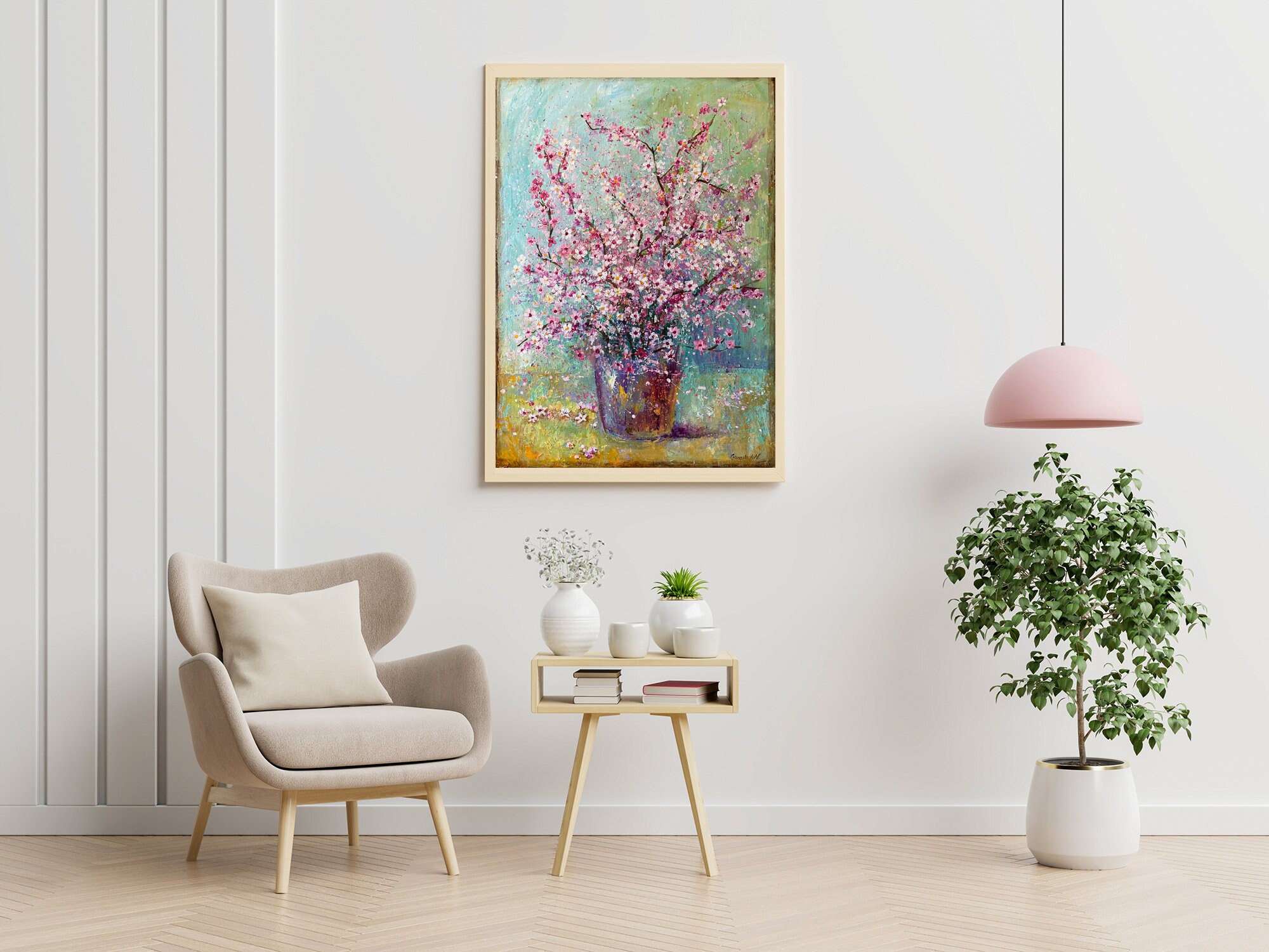 絵画 。手描き【部屋に漂う桜の香り】 オリジナルの桜の絵画、厚塗りアクリル絵具で描かれた花瓶に入った桜の