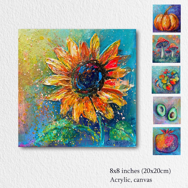 May include: An 8x8 inch (20x20cm) acrylic painting on canvas. The artwork features a vibrant sunflower with yellow and orange petals and a dark center, set against a blue and green background with paint splatters. Additional small paintings are also shown.