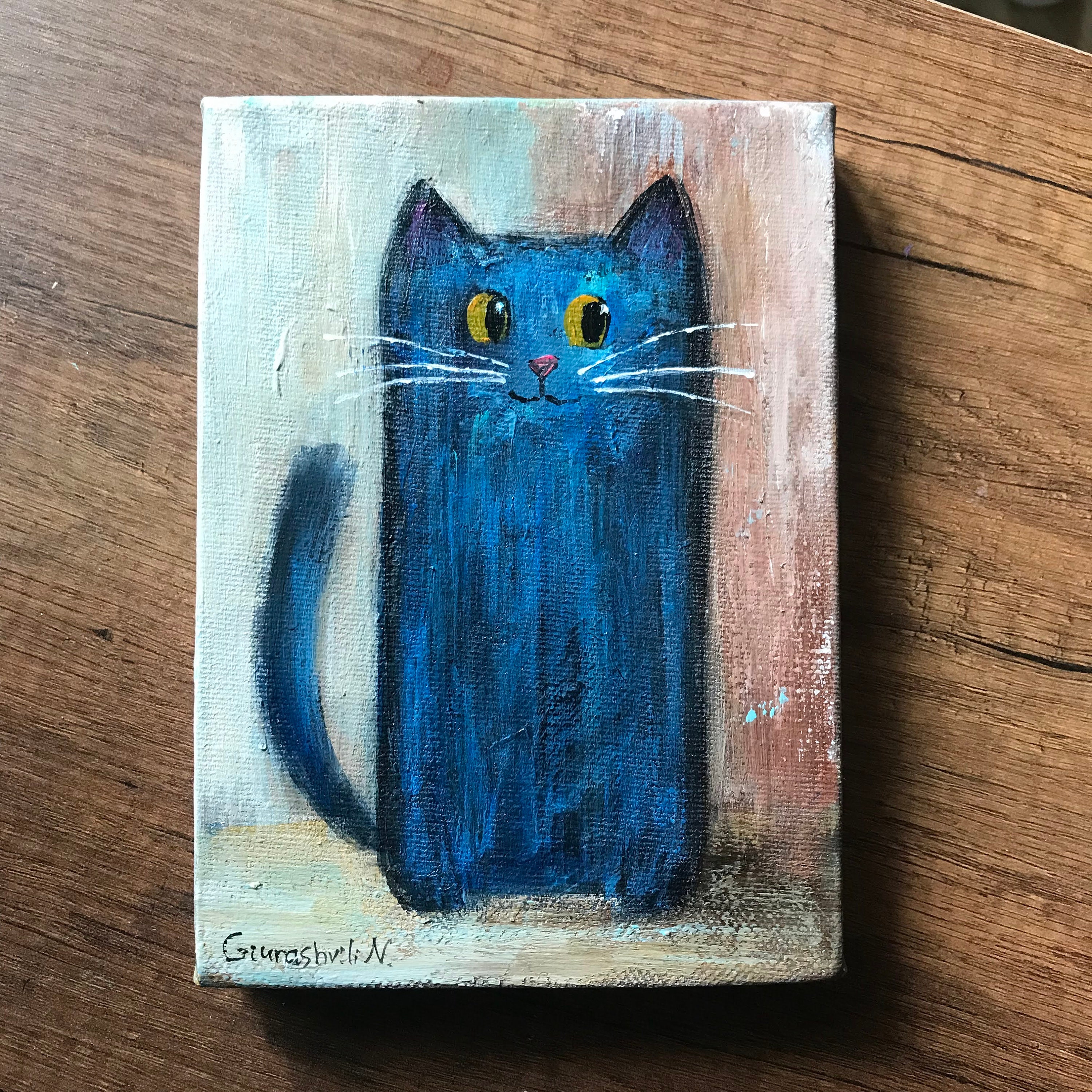Cat Art, Black Cat Painting on Canvas, Original Acrylic, Whimsical Animals, Children's Wall Art, Handpainted Absract Art, Miniature Painting