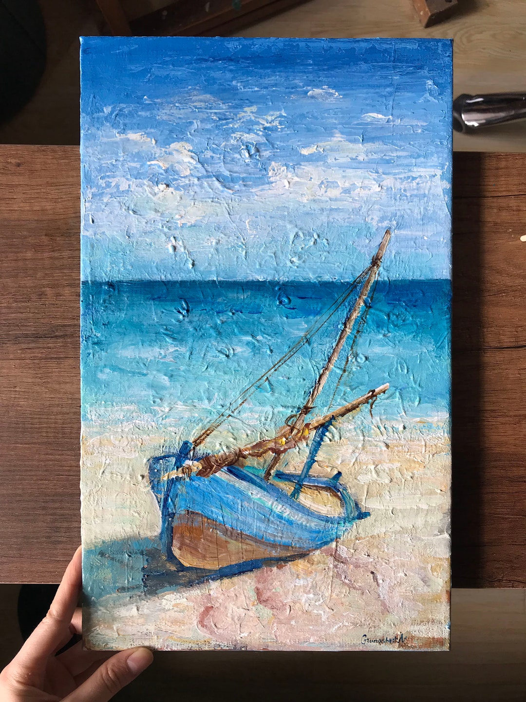 ボートの絵、航海をテーマにしたアート作品、オリジナルアクリル画