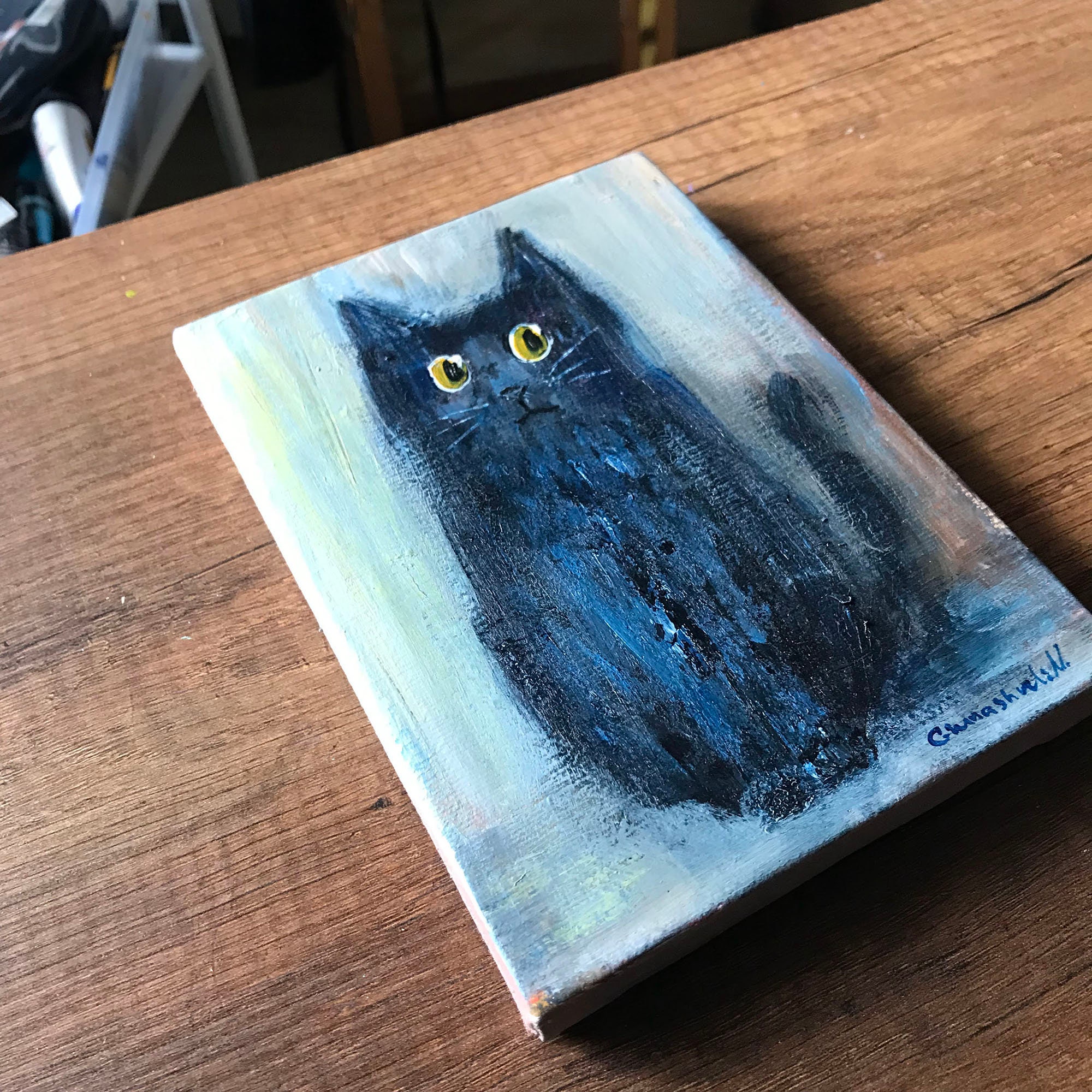 黒猫の絵画、猫アート、猫好きへのギフト、黒の抽象アート