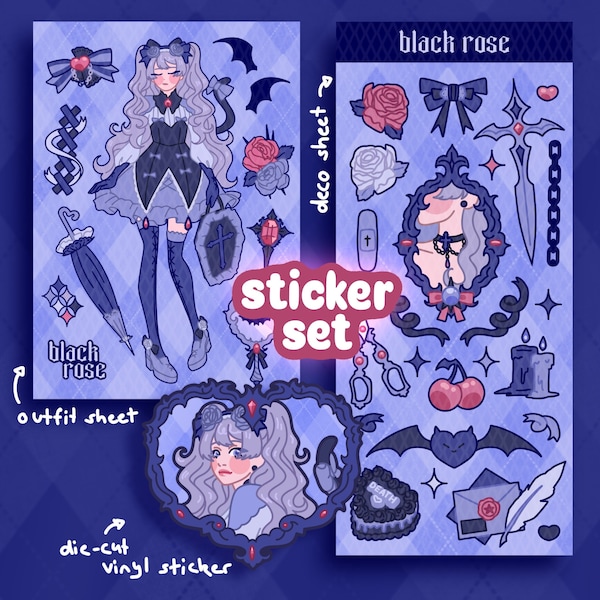 Gothic Lolita Black Rose OUTFIT STICKER SHEET Polco Toploader Deco Sticker Kpop Photocard Decora for Scrapbooking, Journaling or Collecting