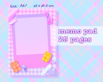 Polaroid Pink Purple Gradient Kpop Gummy Bear MEMOPAD Minimalistic Kawaii Illustration Notes Notepad Scrapbooking Journaling Bujo Planner A6