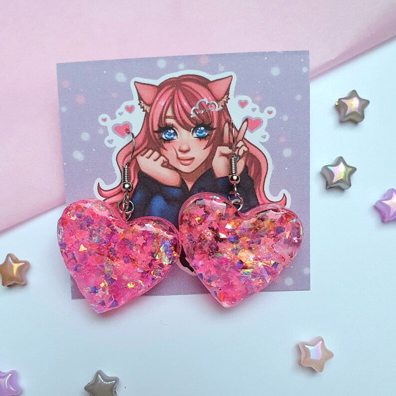 Handmade Pink /& Purple Heart SIlver Earrings Blackberry Kawaii Anime Cosplay Japanese Korean Fashion