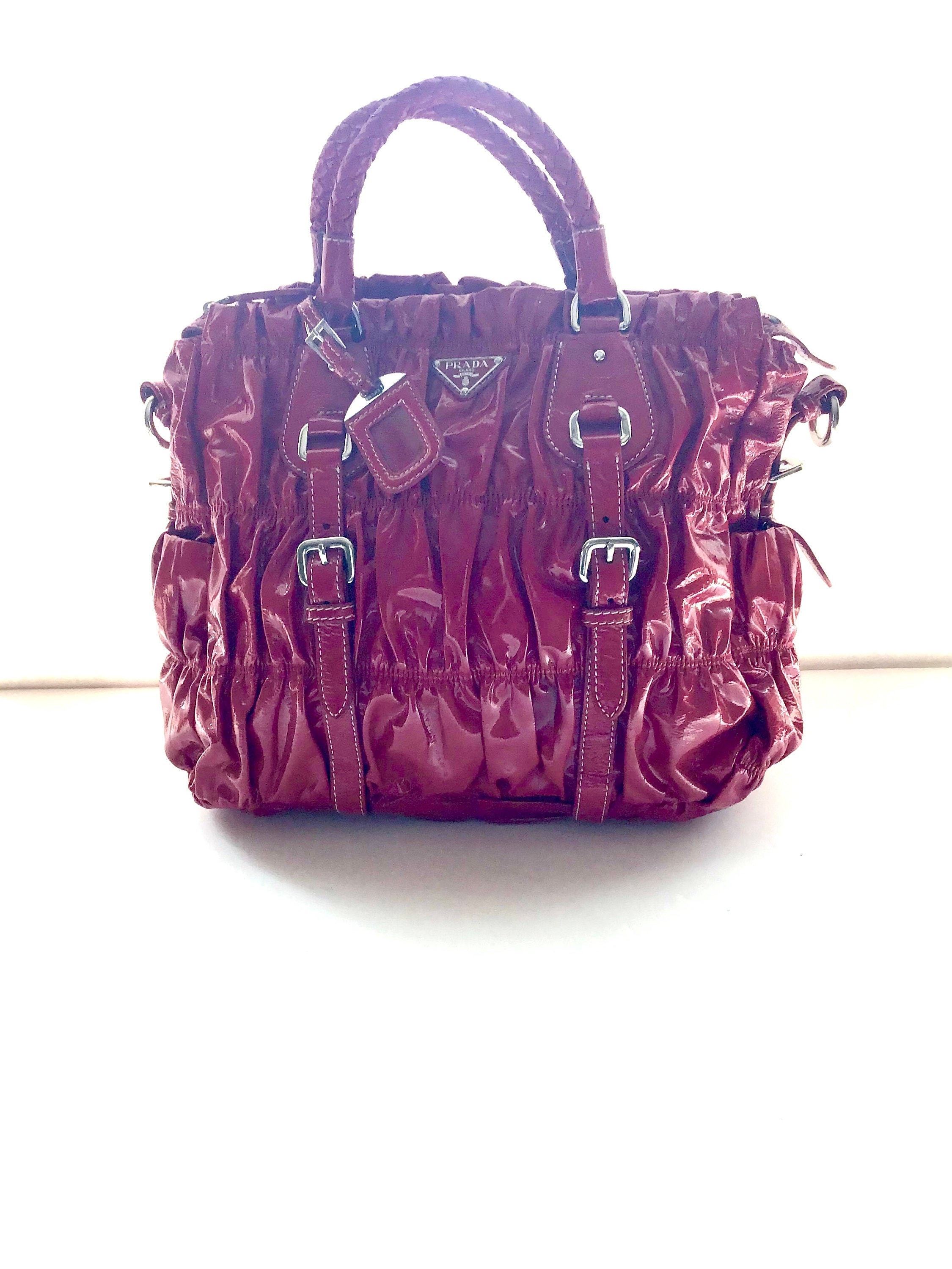 Prada Vintage Gaufre XL Bag Handbag Red Patent Leather Oversized Ruched Designer Lux Purse