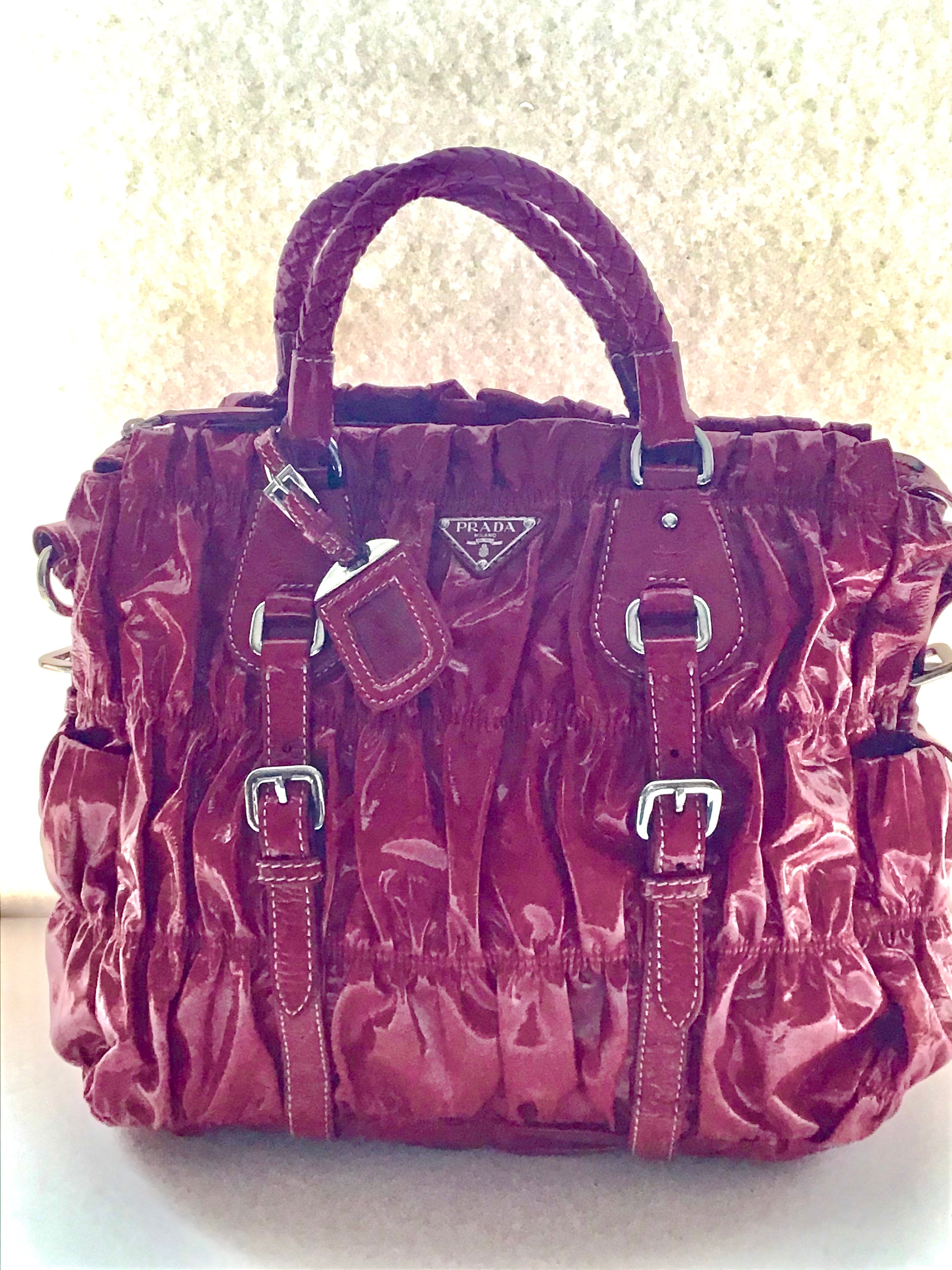 Prada Vintage Gaufre XL Bag Handbag Red Patent Leather Oversized Ruched Designer Lux Purse
