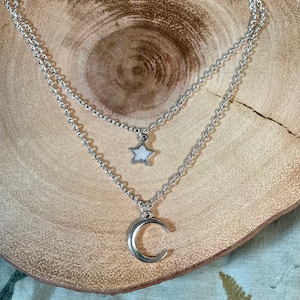 Double Layered Moon and Star Silver/Gold Necklace // 3 star colours available