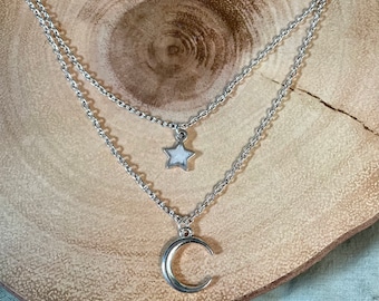 Doppellagige Silber-Gold-Halskette mit Mond und Stern // in 3 Stern-Farben erhältlich