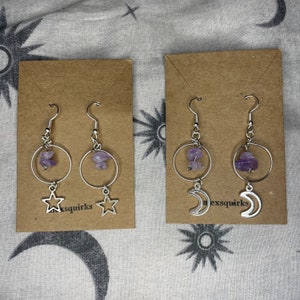 Purple Stone Star / Moon Circle Dangle Earrings