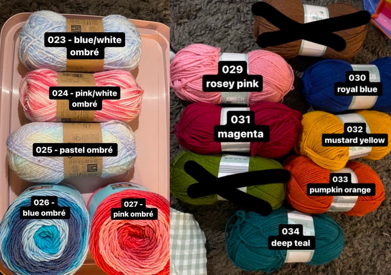 May include: A collection of yarn skeins in various colors, including blue/white ombr&eacute;, pink/white ombr&eacute;, pastel ombr&eacute;, blue ombr&eacute;, pink ombr&eacute;, rosey pink, magenta, royal blue, mustard yellow, pumpkin orange, and deep teal. Each skein is labeled with a color code.