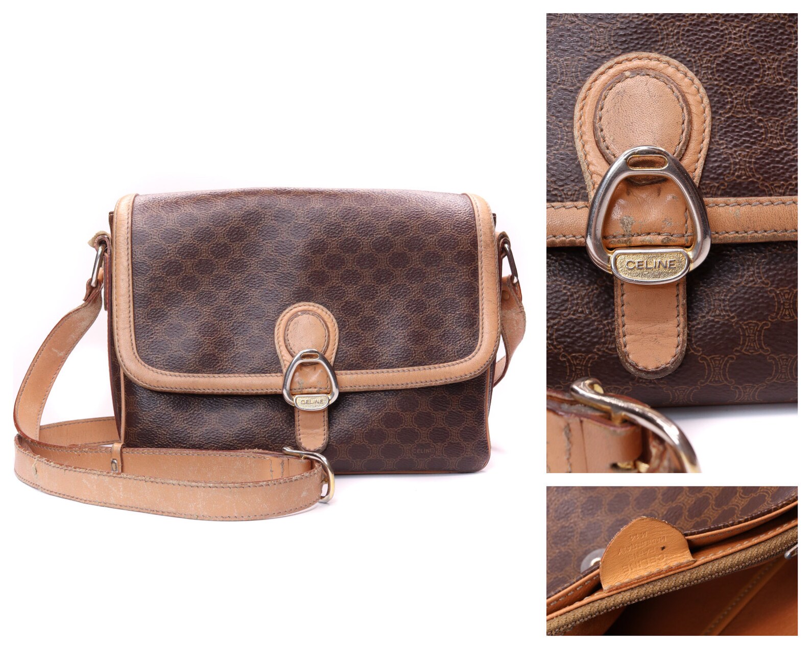 CELINE PARIS Brown Leather Macadam Pattern Cross Body Bag Etsy