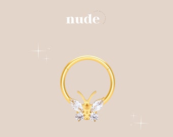 Anta - Butterfly ring piercing set with zircon titanium ASTM F136 gold 8 and 10mm - Helix cartilage zircon lobe piercing ear