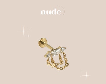 Menhyt - Double chain zircon stud piercing ASTM F136 - stud 6mm, 8mm Hypoallergenic Gauge 16G 1.2mm shank thickness