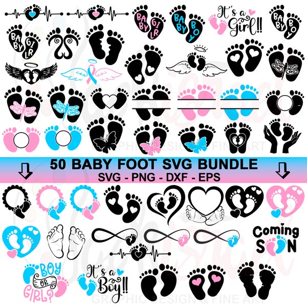 50 Baby Foot Print SVG Bundle, Baby boy foot Print SVG Bundle, Baby Girl Foot SVG, Baby FootPrint Svg Files, Baby Feet Print Svg Download