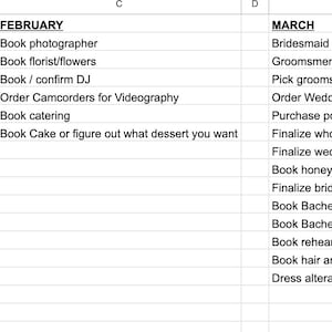 May include: A digital spreadsheet document organized into four columns labeled January, February, March, and April. Each column contains a vertical list of black text items detailing wedding planning tasks, such as booking venues, photographers, and ordering invitations.