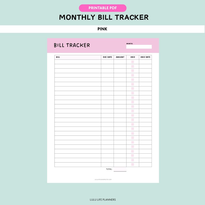 Monthly Bill Tracker Printable PDF, Expense Payment Planner, Personal ...