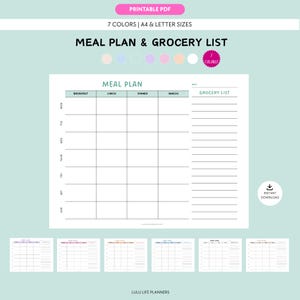 May include: A printable meal plan and grocery list template with a light teal background. The design includes a meal plan section with spaces for breakfast, lunch, dinner, and snacks, and a grocery list section. The text "MEAL PLAN & GROCERY LIST" is at the top.