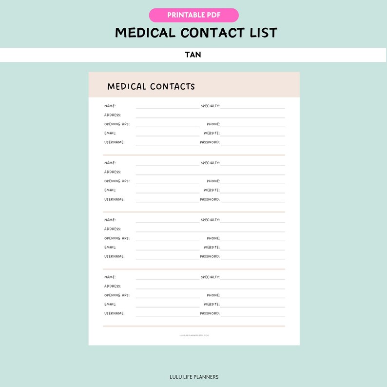Medical Contacts List Printable Template, Healthcare Contacts, Doctor ...