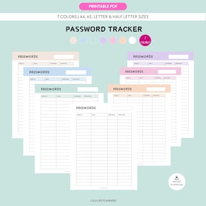 Afdrukbare pdf-sjabloon wachtwoordtracker, wachtwoordorganizer, inloglijst, 7 kleuren, A4 | A5 | Lettergrootte en halve letter, direct downloaden