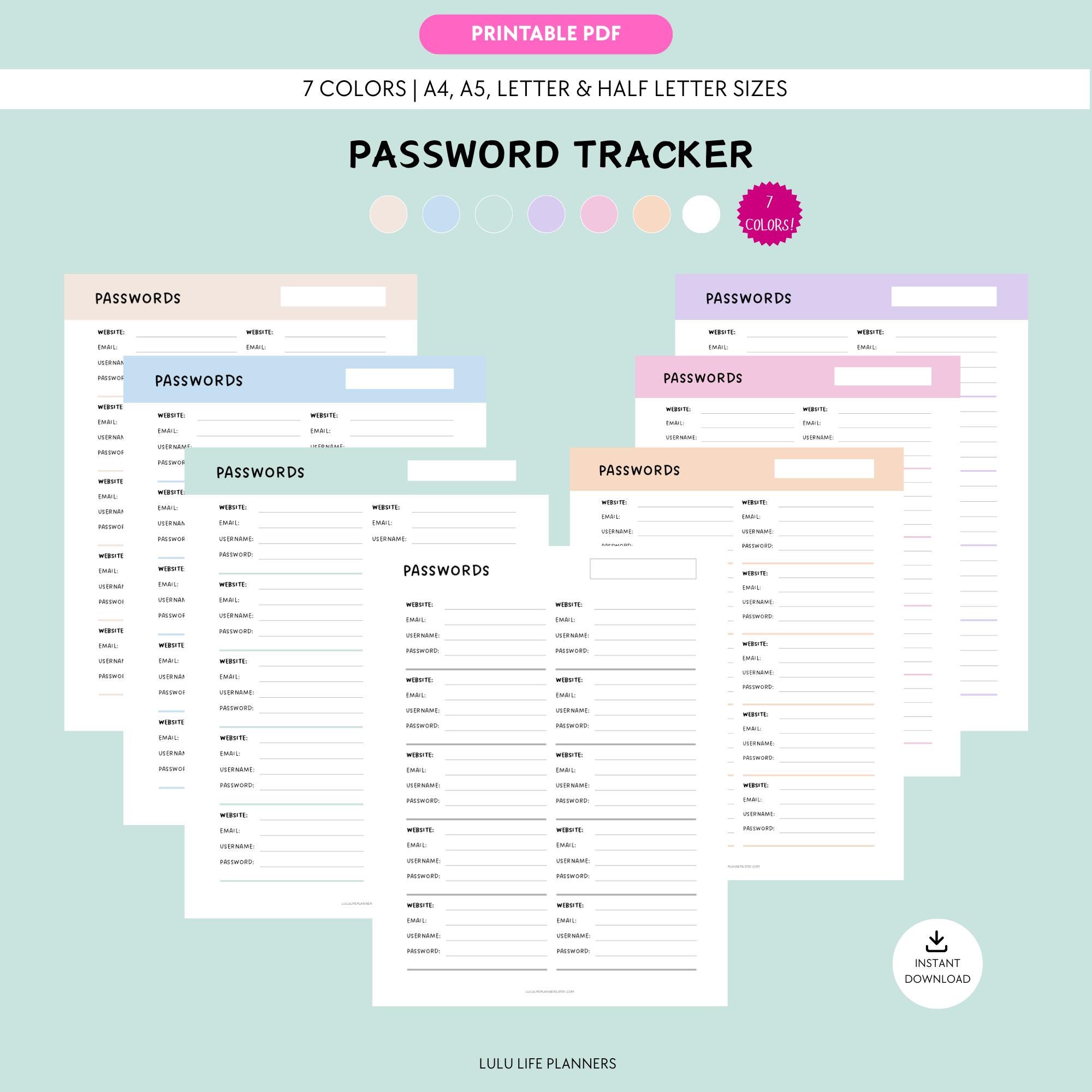 Password Tracker Printable PDF Template, Password Organizer, Login List ...