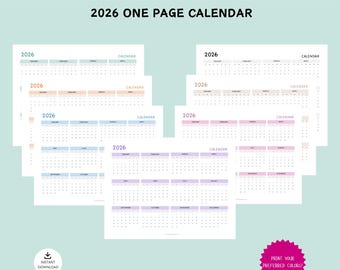 2026 One Page Calendar, Printable PDF, Year at a Glance, 7 Colors, Landscape, A4 / A5 / Letter / Half Letter, Instant Download