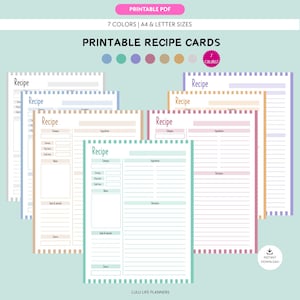 May include: Printable recipe cards in various pastel colors, including blue, green, pink, and peach. Each card features sections for ingredients, directions, and notes. The cards are available in A4 and letter sizes. The text "PRINTABLE RECIPE CARDS" is displayed.