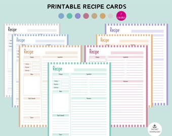Plantilla de receta imprimible, ficha de receta, página de receta en blanco, libro de recetas, diario de cocina casera, 7 colores, tamaño A4 y carta