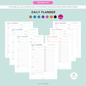 Puede incluir: Una colección de páginas de planificador diario imprimibles en varios colores, incluyendo azul, verde y rosa. Las páginas presentan secciones para el estado de ánimo, el clima, el horario y las notas. El texto "DAILY PLANNER" se muestra de forma destacada. La imagen también incluye el texto "PRINTABLE PDF".