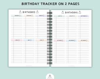 Geburtstag Tracker PDF Vorlage, Geburtstagskalender auf 2 Seiten, A4 | DIN A5 | USt. Letter und Half Letter Größen, Instant Download
