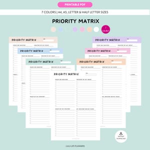 Op de afbeelding: Een verzameling afdrukbare prioriteitenmatrixsjablonen in verschillende pastelkleuren. Elke sjabloon heeft secties voor dringende en belangrijke taken, met de tekst "PRIORITY MATRIX" bovenaan. Inclusief A4, A5, Letter en Half Letter formaten.