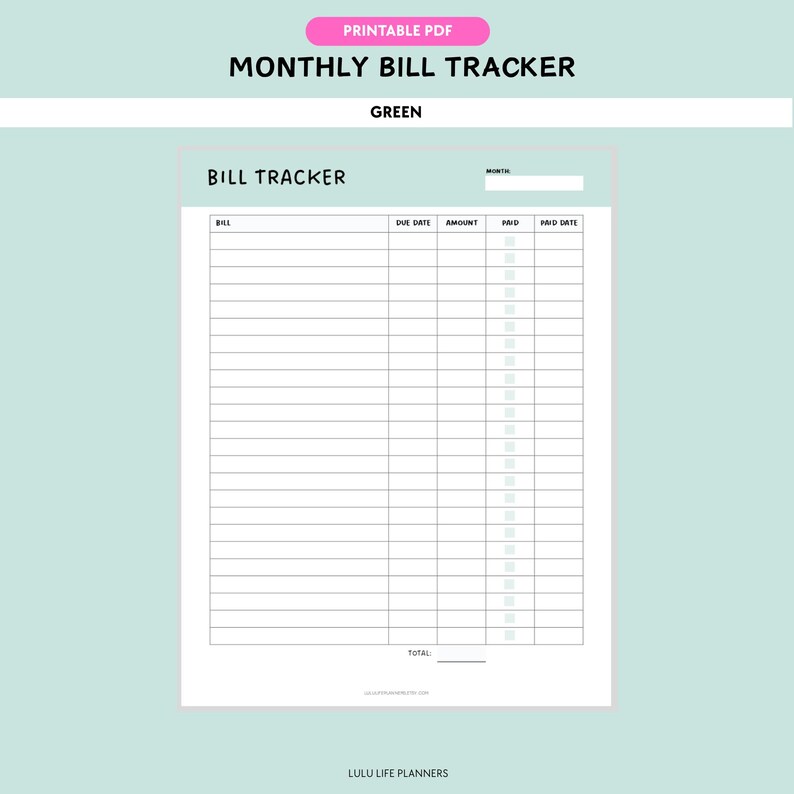 Monthly Bill Tracker Printable PDF, Expense Payment Planner, Personal ...