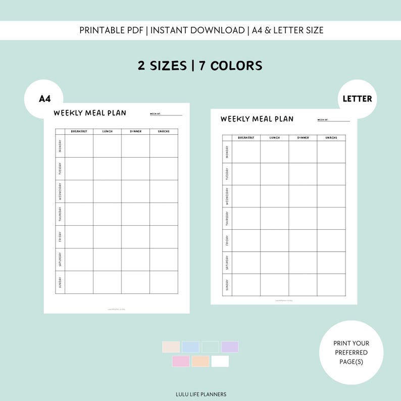 Weekly Meal Planner Printable Food Journal, Food Diary, Meal Prep