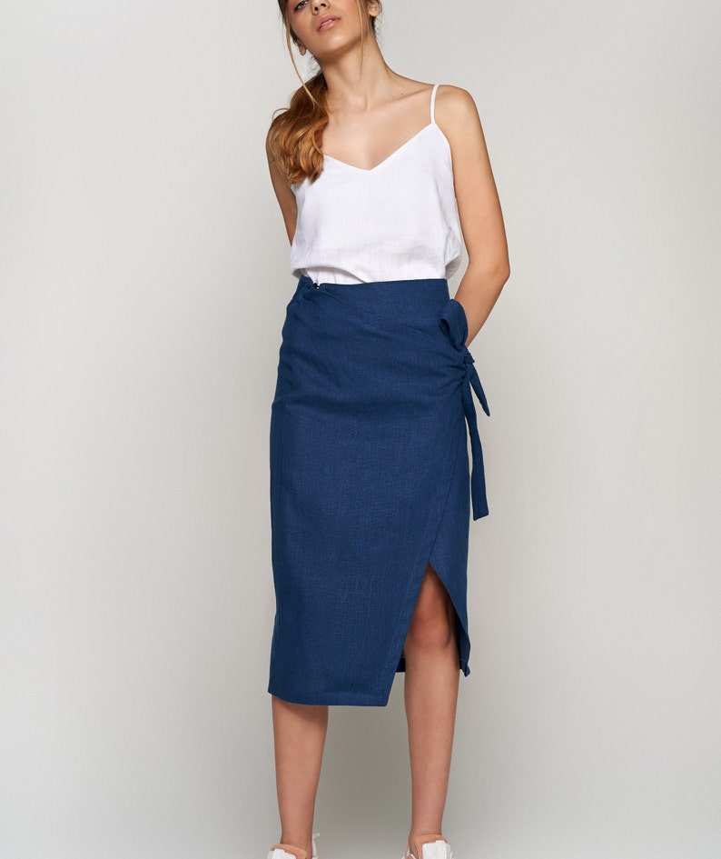 Blue Wrap Skirt Blue Asymmetric Linen Skirt High Waist Etsy