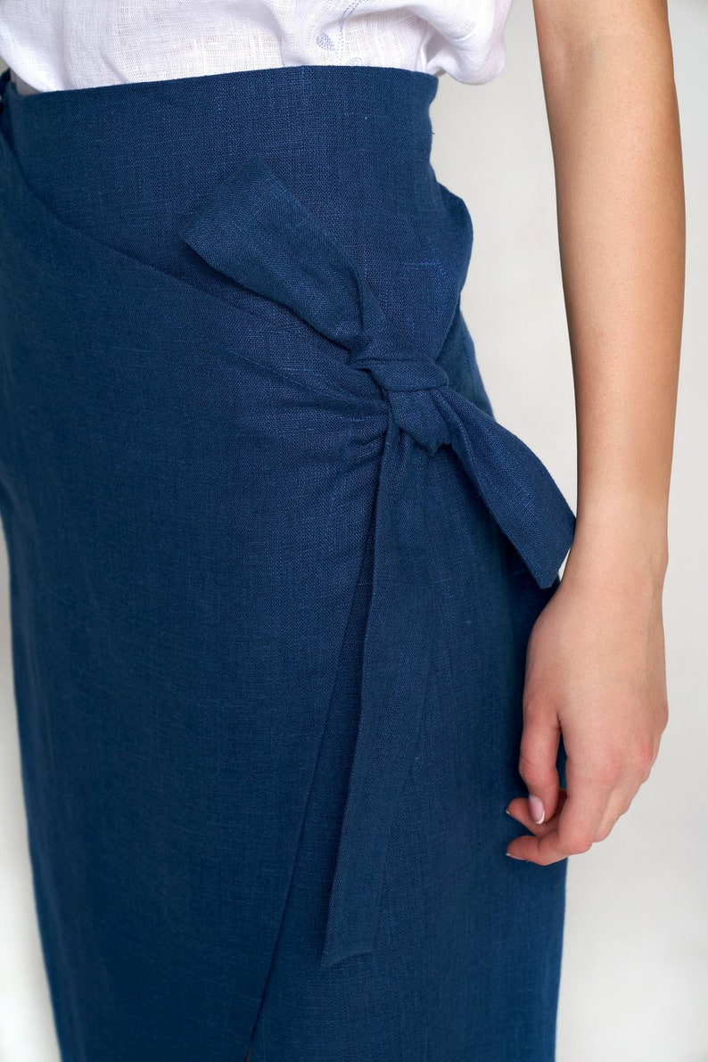 Blue Wrap Skirt Blue Asymmetric Linen Skirt High Waist Etsy