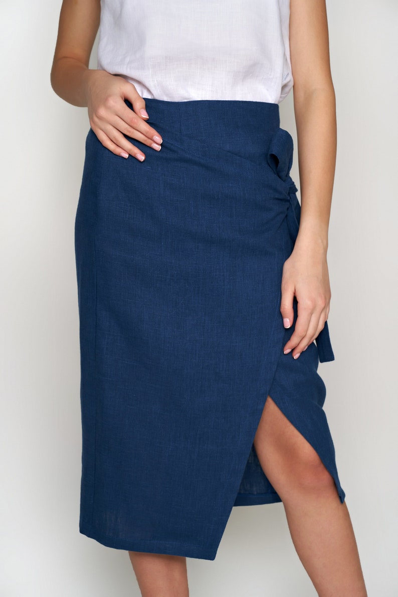 Blue Wrap Skirt Blue Asymmetric Linen Skirt High Waist Etsy