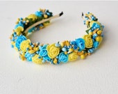 Yellow-Blue Ukrainian flower crown, Ukrainian flower rose wreath, Ukrainian folk headdress, Hoop with flowers, Wedding crown, Blue headpiece