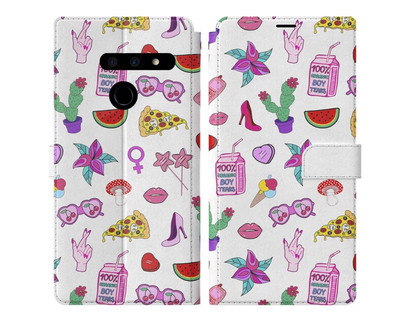 Sassy girlish print Flip case LG V40 phone case wallet OnePlus 7 Pro folio Motorola Card Holder LG G8 teen case magnetic snap One Zoom cover