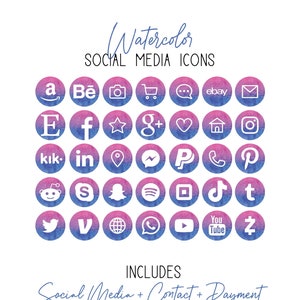 Social Media Iconen in Roze en Blauwe Aquarel - Social Media, Contact en Payment Icons