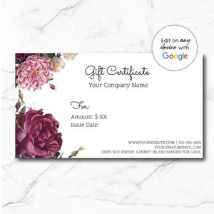 Editable Peony Floral Gift Card - Edit on Phone Gift Certificate - Instant Download