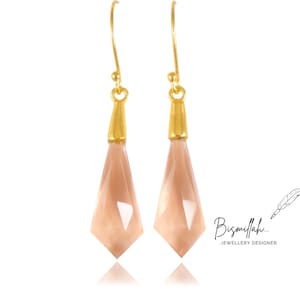 Handmade Kite Peach Morganite Earrings: 925 Sterling Silver Dangle