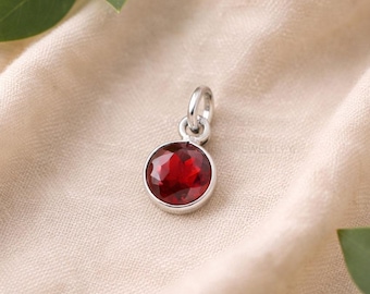 Natural Red Garnet Bezel Charm | 6 mm Faceted Round Gemstone Pendant | Sterling Silver Tiny Charm