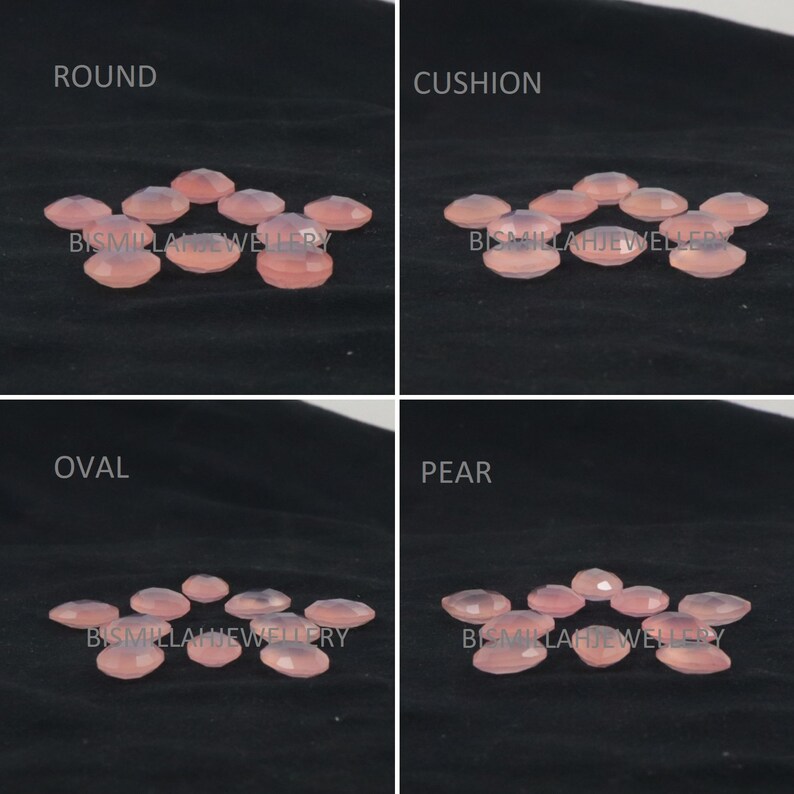 May include: Assortment of pink gemstone cabochons in various shapes, including round, cushion, oval, and pear. The stones are arranged in rows on a black fabric background. The text "Bismillah Jewellery" is visible in the bottom row.