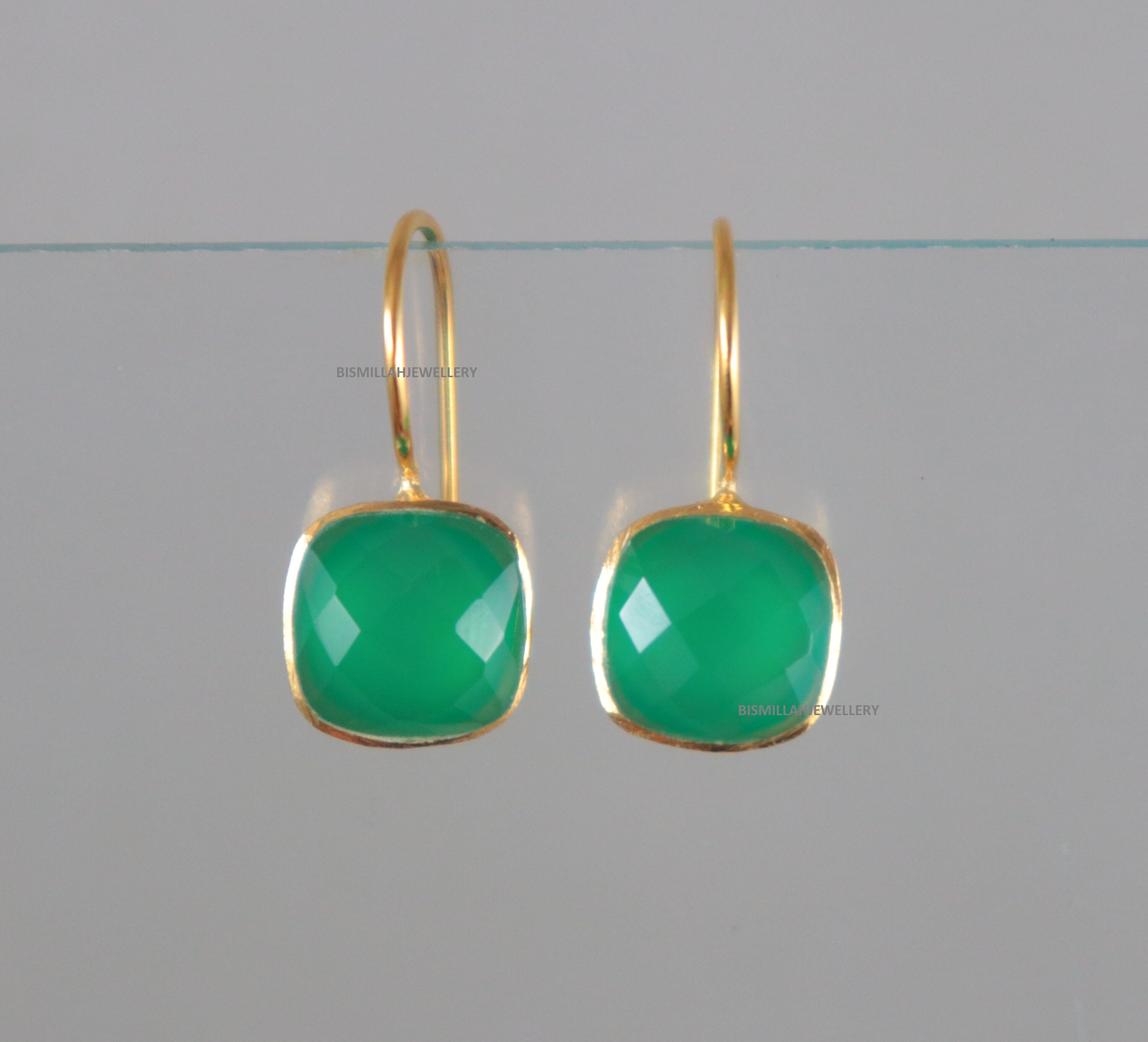 Green Onyx Stacked Red Stone Golden Drop Earrings