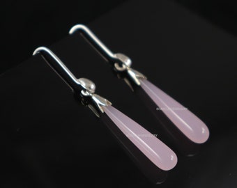 Boucles d'oreilles longues en calcédoine rose : argent sterling 925, plaqué or