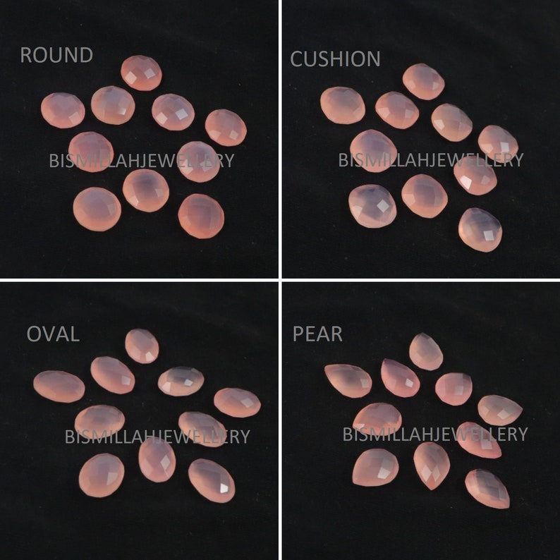 May include: Assortment of pink chalcedony gemstones in various shapes, including round, cushion, oval, and pear. The stones are faceted and have a translucent appearance.